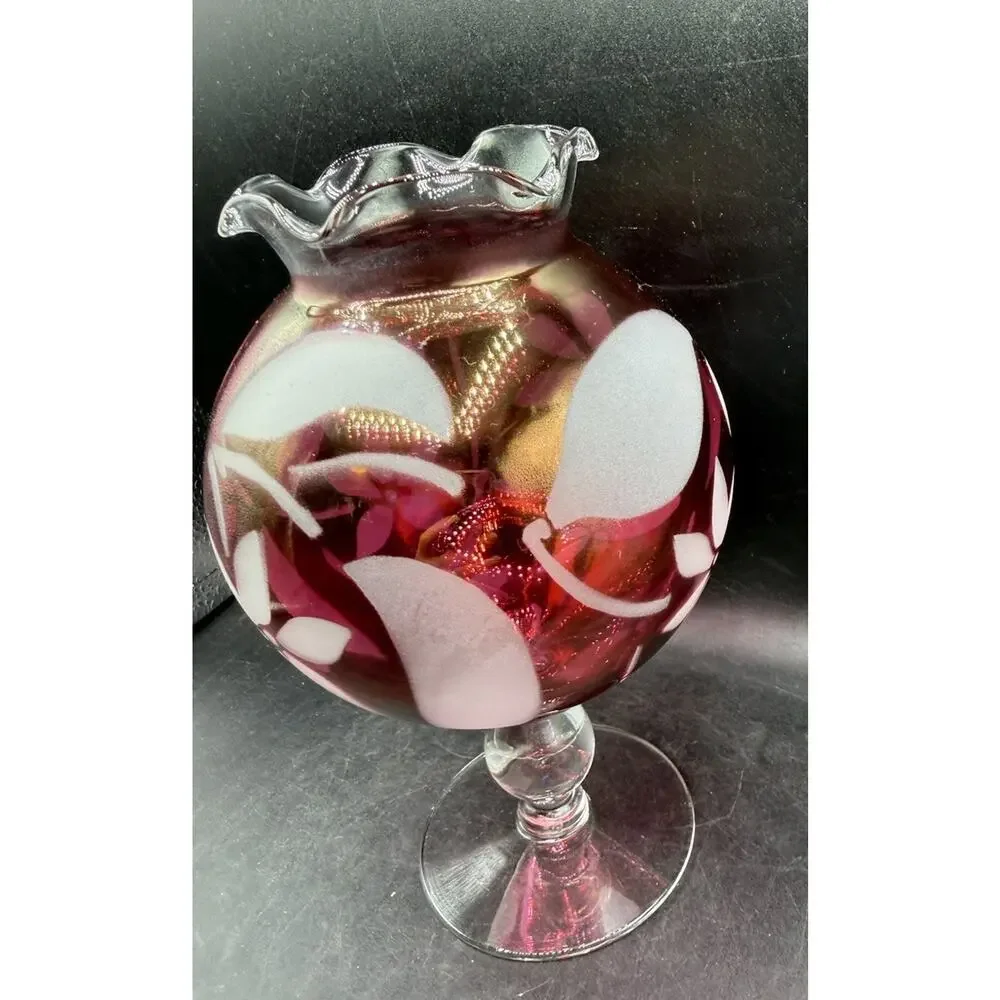 Cranberry Flower Rose Bowl Vase Glass Etched Pedestal Ruffled Rim Vintage